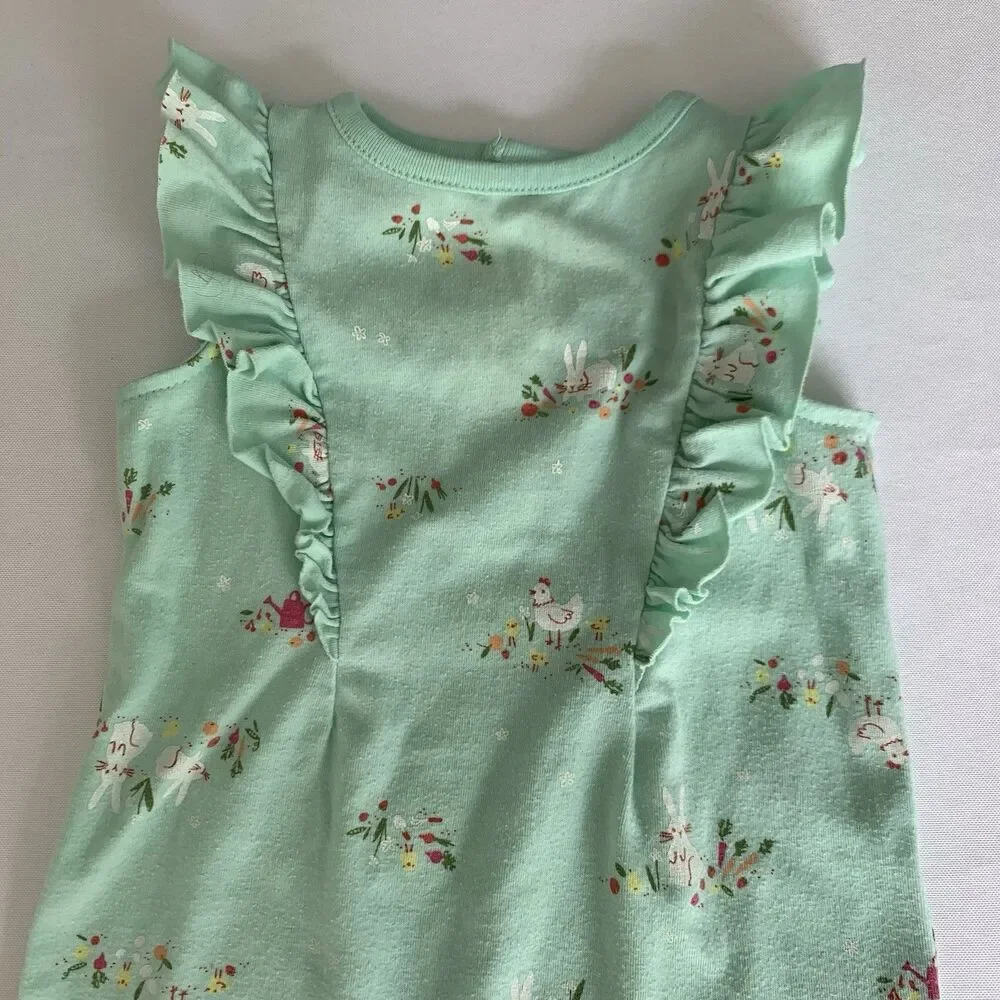 Cat Jack Romper Easter Bunnies Baby Girl‎ 3-6 Months Green Pastel Cute Boho Farm